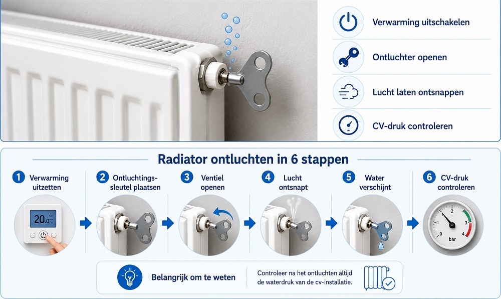 Hoe ontlucht je een radiator - stappenplan met ontluchtingssleutel en waterdruk controleren