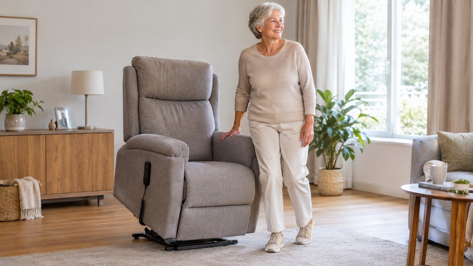 Oudere vrouw staat naast een grijze sta-op stoel in een lichte woonkamer