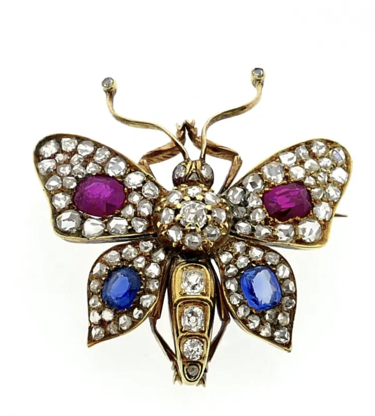 Victoriaanse-vlinder-broche-met-roosdiamant-saffier-en-robijn